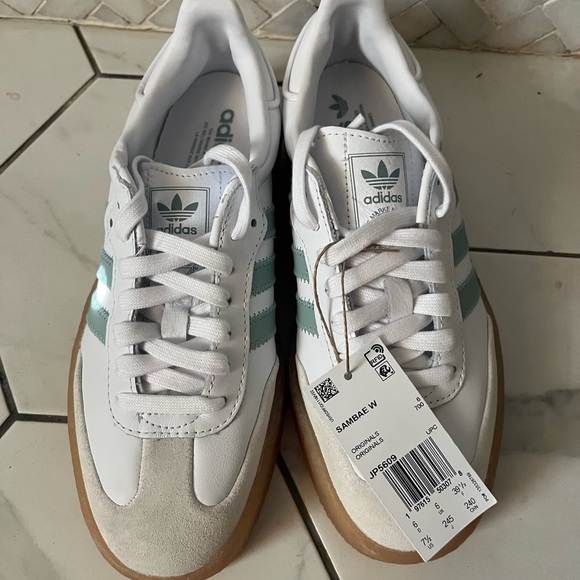 Adidas Women’s Samba White and Teal Sneakers with Gum Sole - Picture 5 of 9